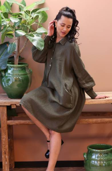 Bilde av Nectar Linen - Matilde Dress Longsleeve - Hunter